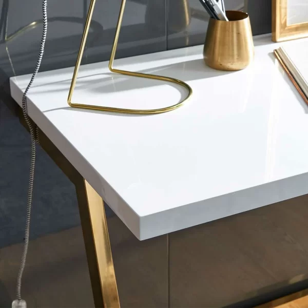 Weißer Hochglanz Schreibtisch Mit Gestell Gold – Zerifa 5